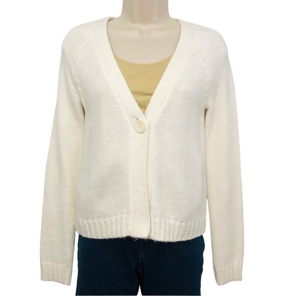 New York & Company Ivory Cardigan Sweater Boxy Chunky One Button Closure - Picture 1 of 16